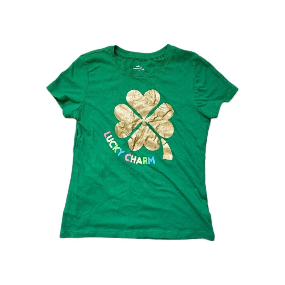 St. Patrick's Day Green Lucky Charm Gold Clover T-Shirt Youth Girls L 10-12 GUC